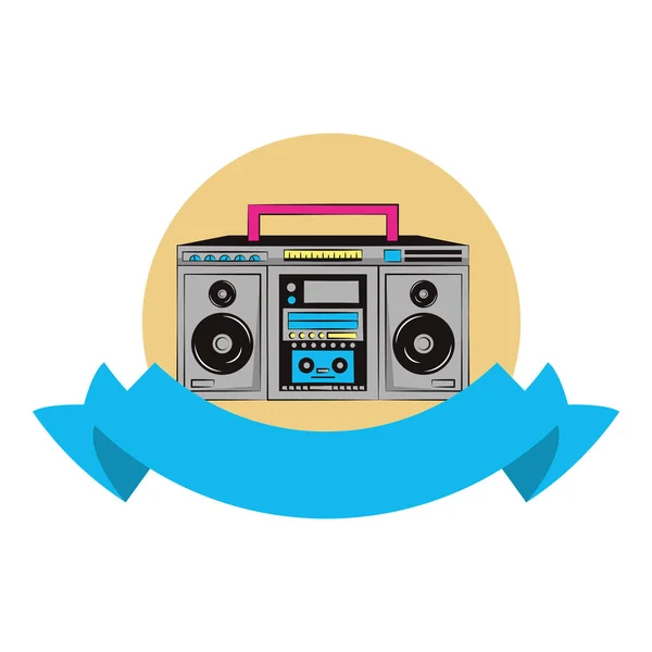 90S Retro Radio Estéreo Redondo Icono Con Banner Cinta Blanco — Vector de stock