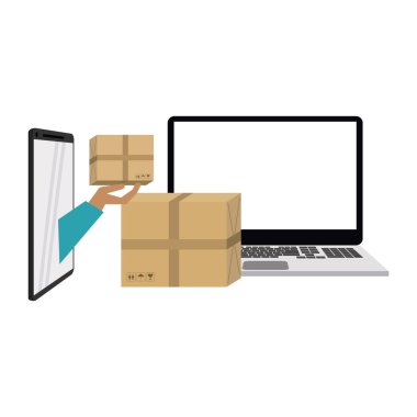 Online teslimat ve kargo ile dizüstü vektör çizim grafik tasarım