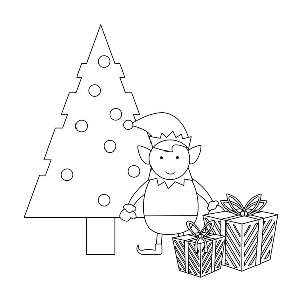 Natale elfo cartone animato bianco e nero — Vettoriale Stock