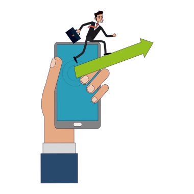 vektör çizim grafik tasarım yukarı ok ile smartphone ekran üzerinde çalışan iş adamı