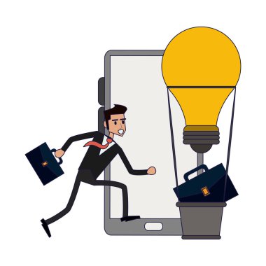 Evrak çantası ve akıllı telefon vektör çizim grafik tasarım ile işadamı