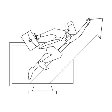 Evrak Çantası'nı bilgisayarla iletişim illüstrasyon vektör grafik tasarım yukarı ok ile işadamı