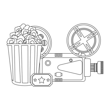 sinema pop corn kamera ve bilet vektör çizim grafik tasarım