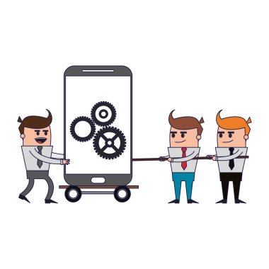 İp smartphone ile at arabası çekerek işadamları illüstrasyon grafik tasarım vektör