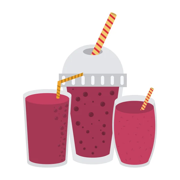 果汁和冰沙塑料杯和玻璃杯矢量插图平面设计 — 图库矢量图片