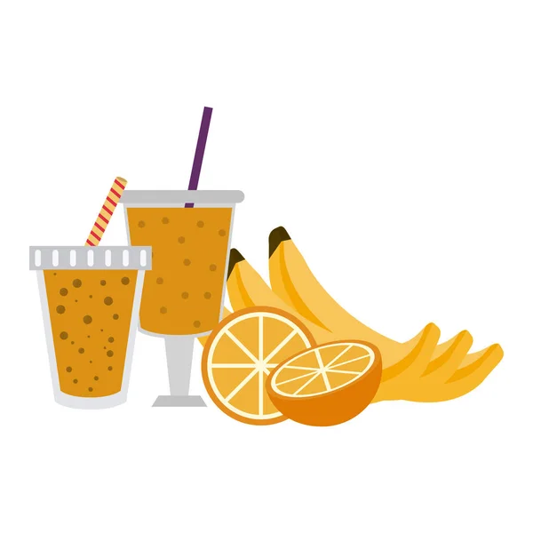 Zumo Fruta Batido Naranja Plátanos Con Tazas Vector Ilustración Diseño — Archivo Imágenes Vectoriales