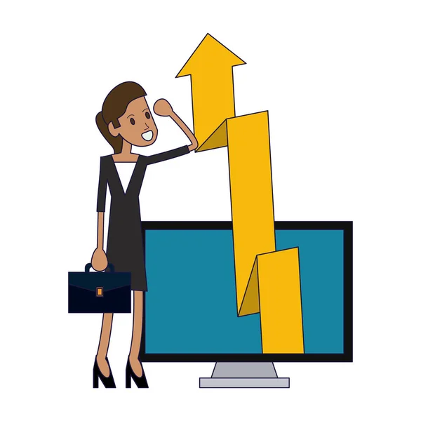 Businesswoman with briefcase and increase profit on computer screen vector illustration graphic design