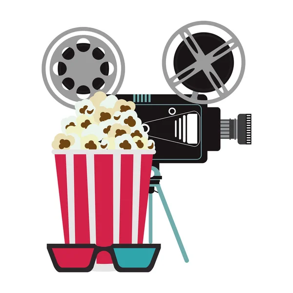 Cinepresa Con Occhiali Disegno Grafico Illustrazione Vettoriale Popcorn — Vettoriale Stock