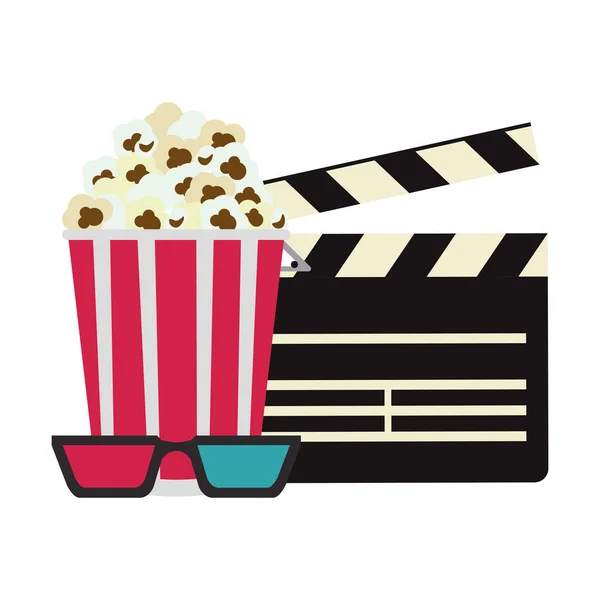 Clapboard Cinema Con Pop Corn Occhiali Disegno Grafico Vettoriale Illustrazione — Vettoriale Stock