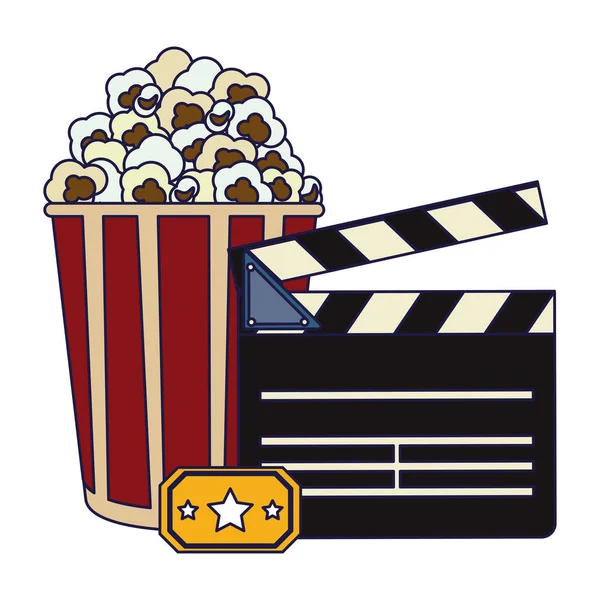 Clapboard Cinema Con Pop Corn Secchio Biglietto Vettore Illustrazione Grafica — Vettoriale Stock