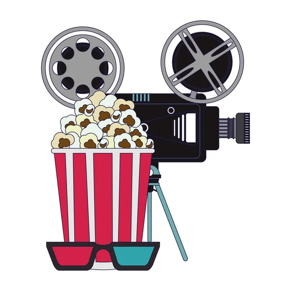 Cinepresa Con Occhiali Disegno Grafico Illustrazione Vettoriale Popcorn — Vettoriale Stock