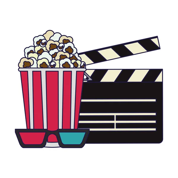 Clapboard Cinema Con Pop Corn Occhiali Disegno Grafico Vettoriale Illustrazione — Vettoriale Stock