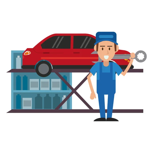 Car mechanic with wrench and vehicle vector illustration graphic design