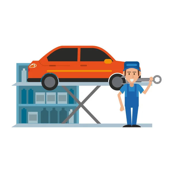 Automechaniker Mit Schraubenschlüssel Garage Vektor Illustration Grafikdesign — Stockvektor