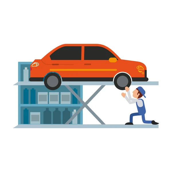 Car mechanic fixing vehicle with wrench vector illustration graphic design