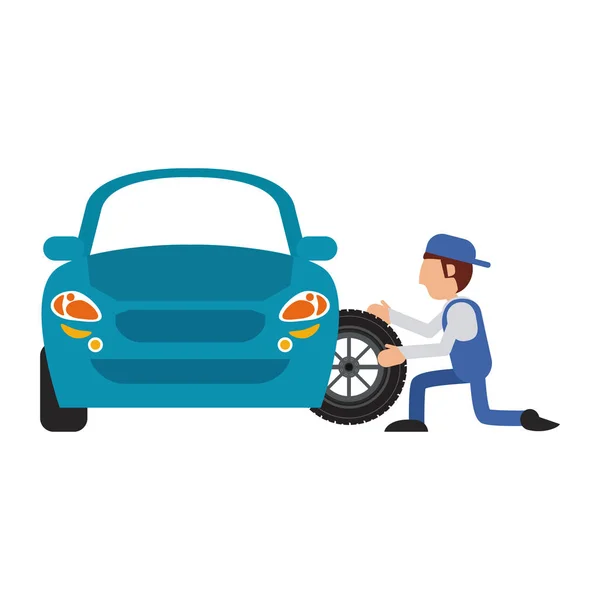 Car Mechanic Fixing Wheel Vehicle Vector Illustration Graphic Design — Stock Vector