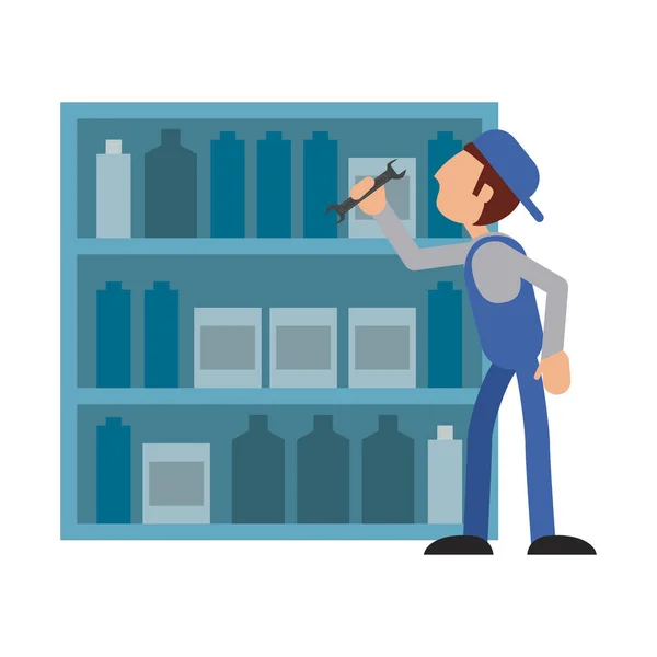 Car mechanic with wrench and shelf with products vector illustration graphic design