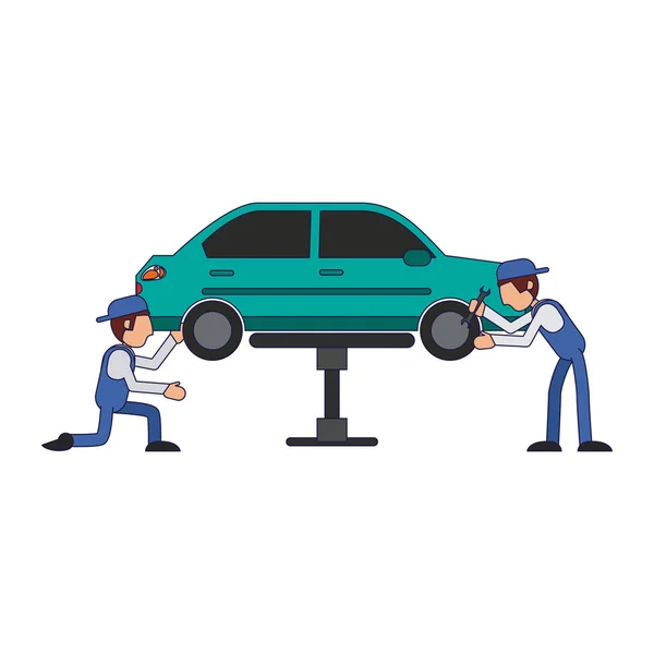Car mechanics fixing with wrenchs a vehicle vector illustration graphic design