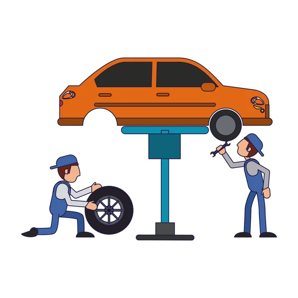 Car mechanics fixing car with wrench and tire vector illustration graphic design