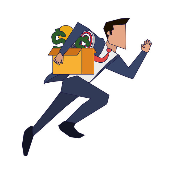 Businessman running and holding box with ideas and money symbols vector illustration graphic design