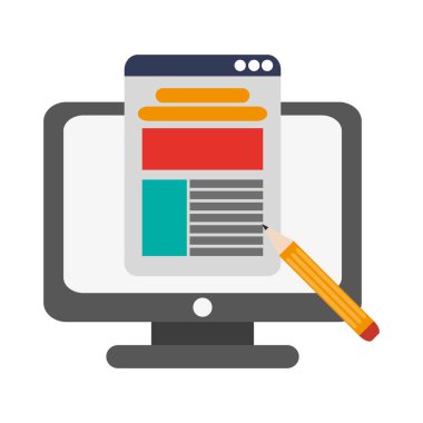 E-öğrenme online eğitim bilgisayar ve kalem vektör çizim grafik tasarım