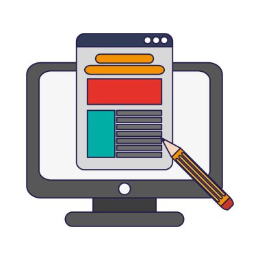 E-öğrenme online eğitim bilgisayar ve kalem vektör çizim grafik tasarım