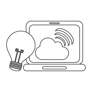 bulut bilgi işlem ve ampul ışık fikir vektör çizim grafik tasarım ile dizüstü bilgisayar