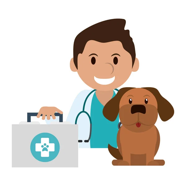 Veterinaire Met Hond Huisdier Eerste Aids Koffer Vector Illustratie Grafisch — Stockvector