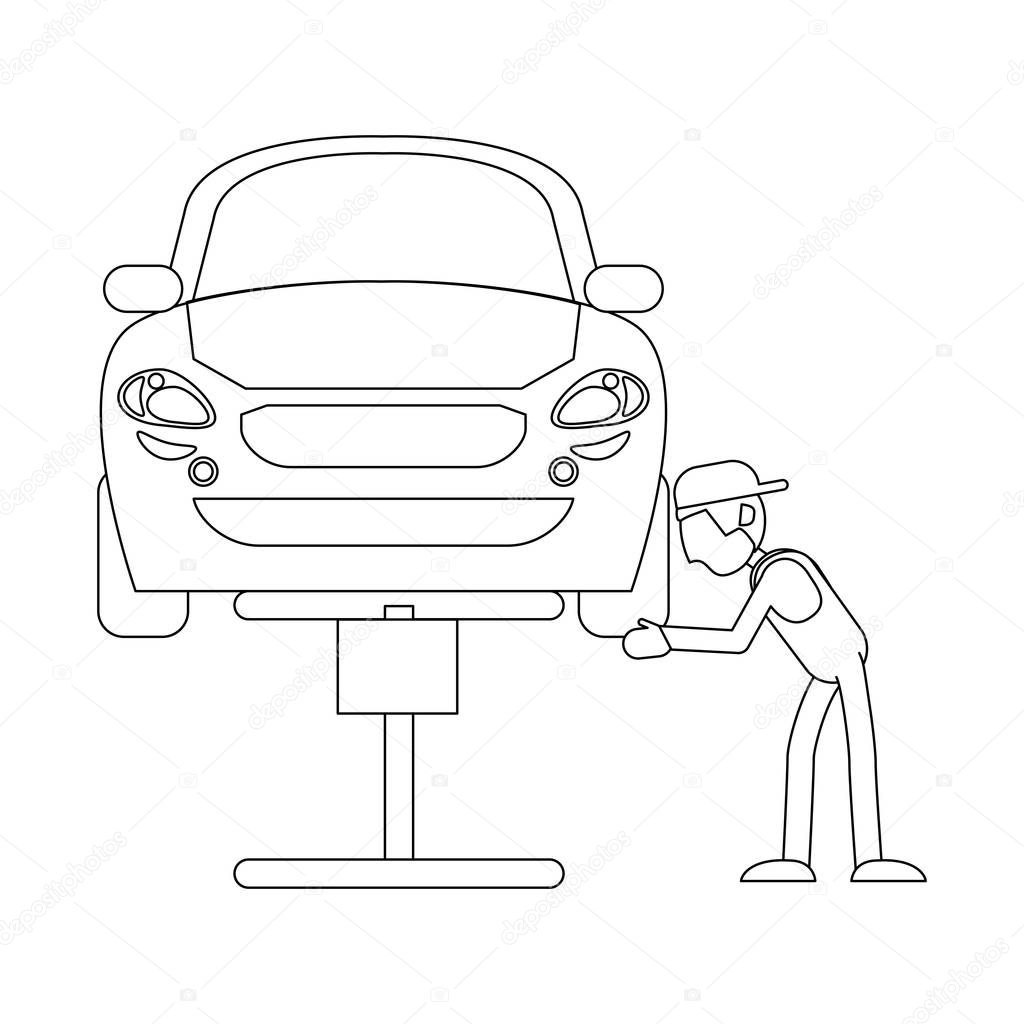 Car mechanic fixing vehicle on hydraulic arm vector illustration graphic design