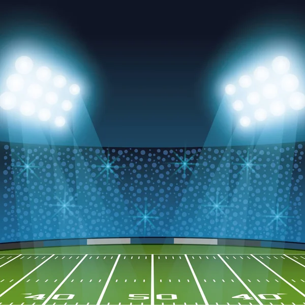 American Football Stadium Feld Mit Lichtern Und Fans Vektor Illustration — Stockvektor