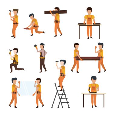 İnşaat işçileri ile araçlar avatar vektör çizim grafik tasarım