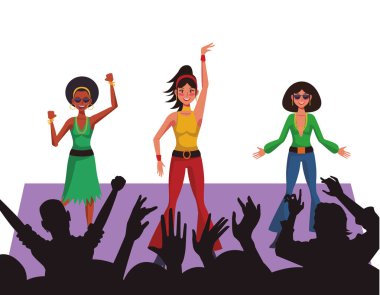 Dans ve sahne karikatürler üzerinde şarkı disko insanlar illüstrasyon grafik tasarım vektör