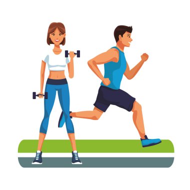 Fitness kadın kaldırma dumbell ve koşan adam