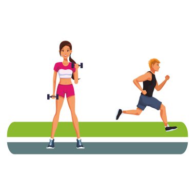 Fitness kadın kaldırma dumbell ve koşan adam