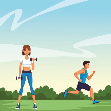 Fitness kadın kaldırma dumbell ve koşan adam