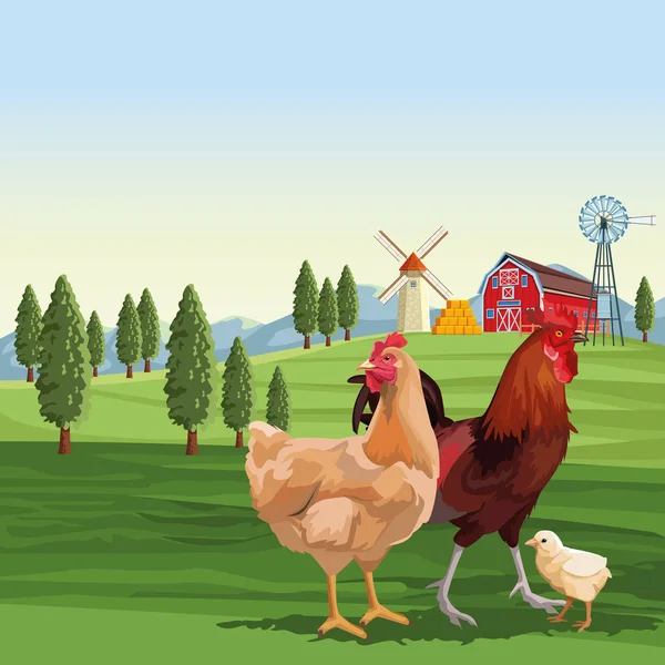 Pollos y tostador sobre el paisaje — Vector de stock