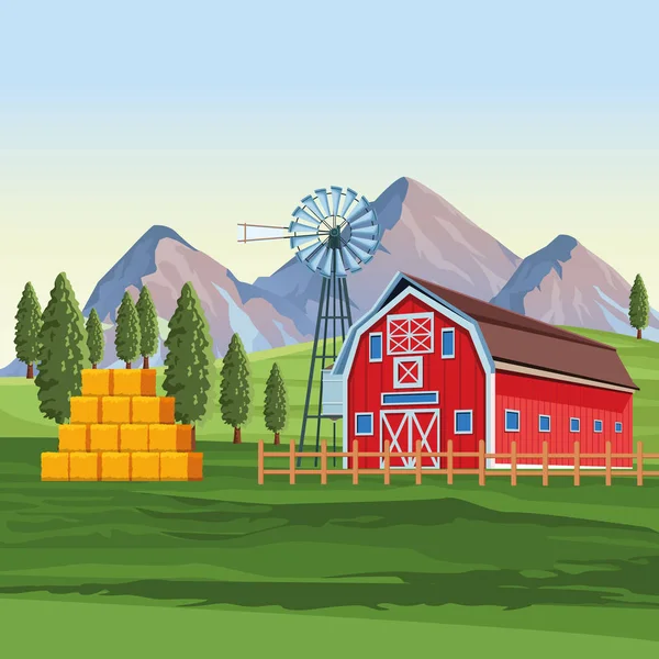 Granja con paisaje de granero — Vector de stock