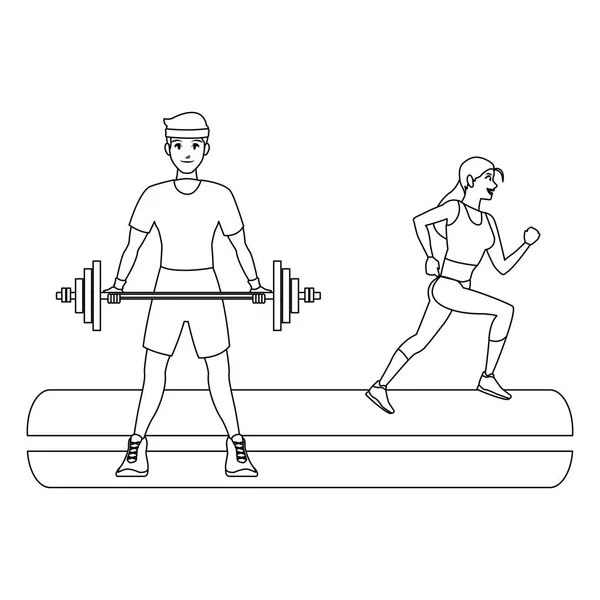 Fitness man hijs barbell en vrouw uitgevoerd in zwart-wit — Stockvector
