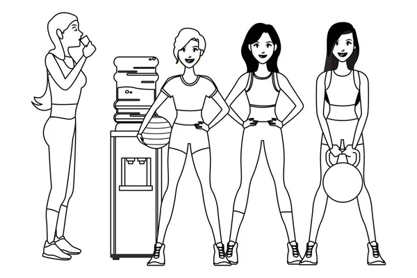 Pessoas de fitness desenhos animados em preto e branco — Vetor de Stock