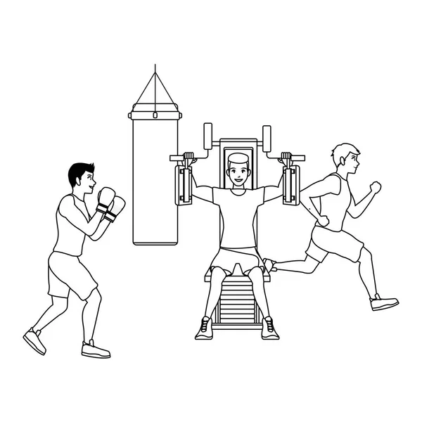 Dibujos animados de gente de fitness en blanco y negro — Vector de stock