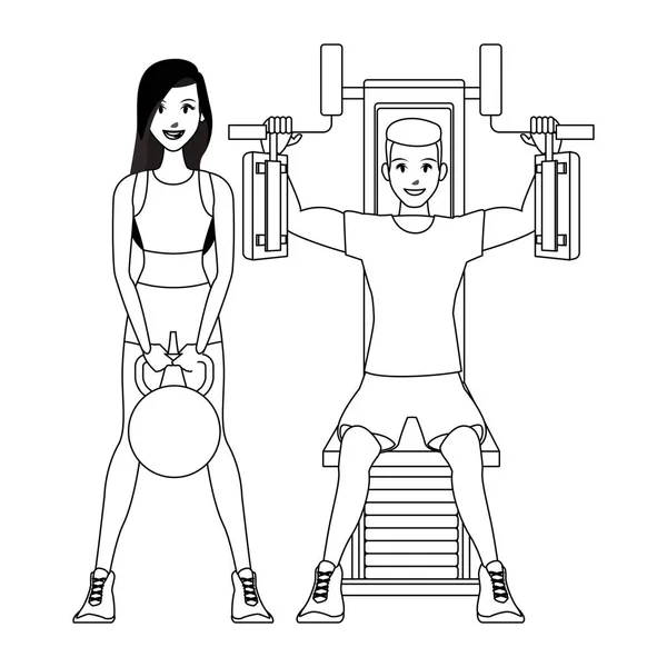 Dibujos animados de gente de fitness en blanco y negro — Archivo Imágenes Vectoriales