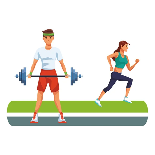 Fitness homme levant haltère et femme courant — Image vectorielle