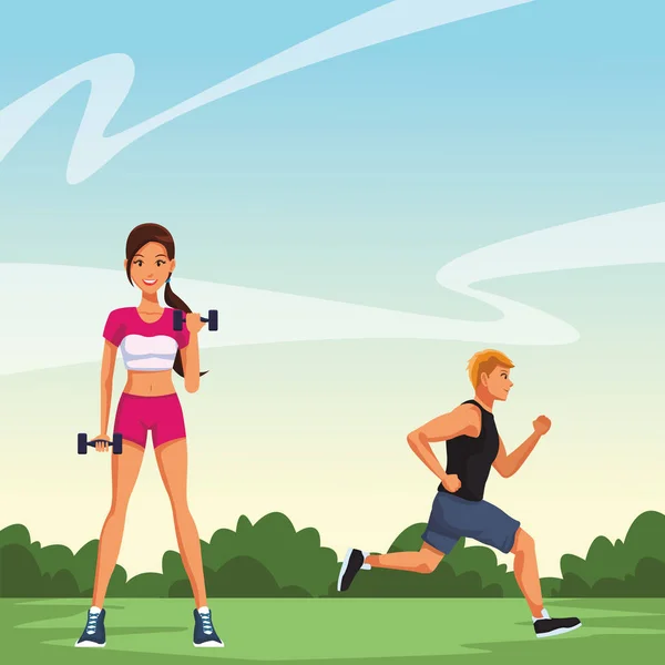 Fitness nő emelő súlyzók és ember fut — Stock Vector