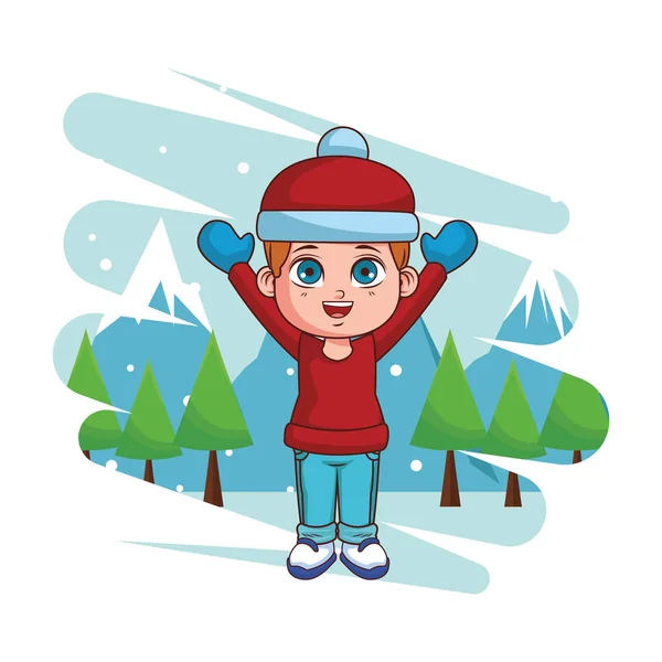 Niño con ropa de invierno de dibujos animados — Vector de stock