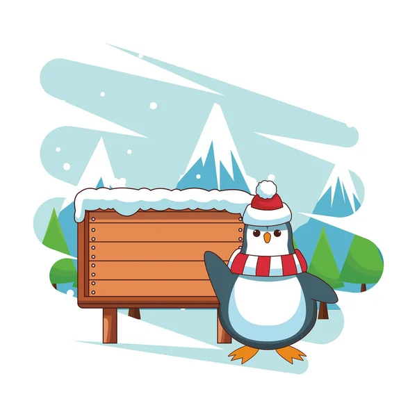 Pinguin und Holzschild — Stockvektor