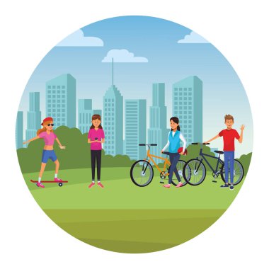 bicicle gökdelenler siluet cityscape sürme park kaykaycı insanlarda yuvarlak simge vektör çizim grafik tasarım