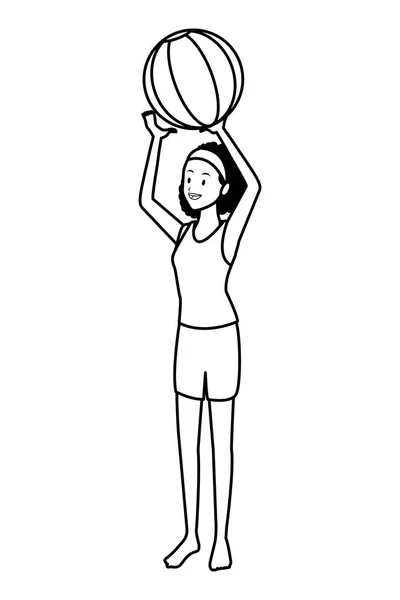 Frau mit Strandball schwarz-weiß — Stockvektor