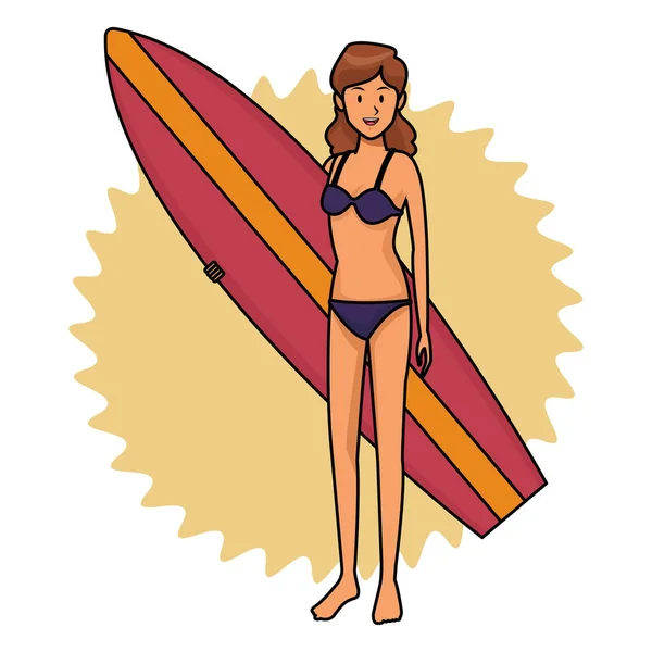 Frau mit Surfbrett schwarz-weiß — Stockvektor