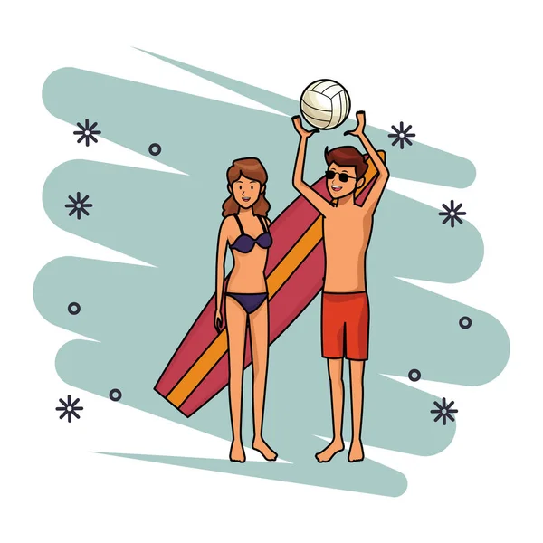 Couple voleyball et planche de surf — Image vectorielle