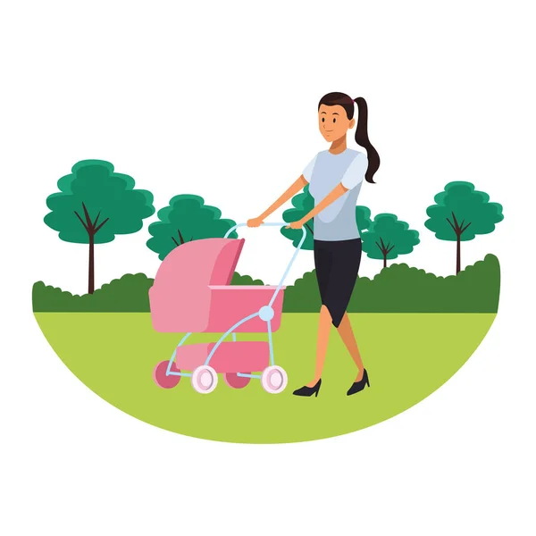 Mujer con cochecito parkscape — Vector de stock